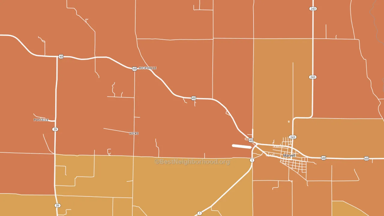 Map of the best neighborhoods in the Hicks area, with better matches in green and worse matches in red