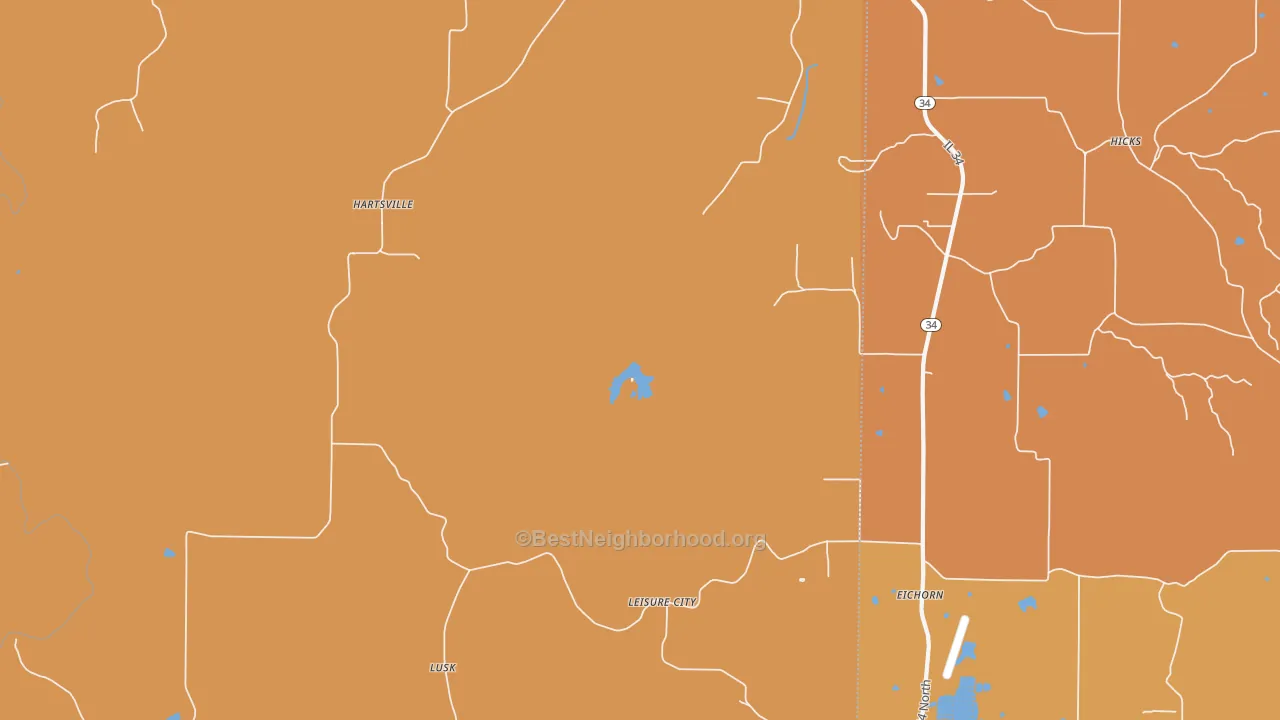 Map of the best neighborhoods in the Hicks area, with better matches in green and worse matches in red
