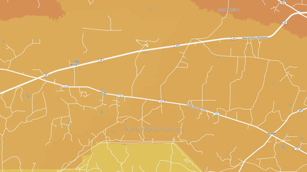 Map of the best neighborhoods in the Hicks area, with better matches in green and worse matches in red