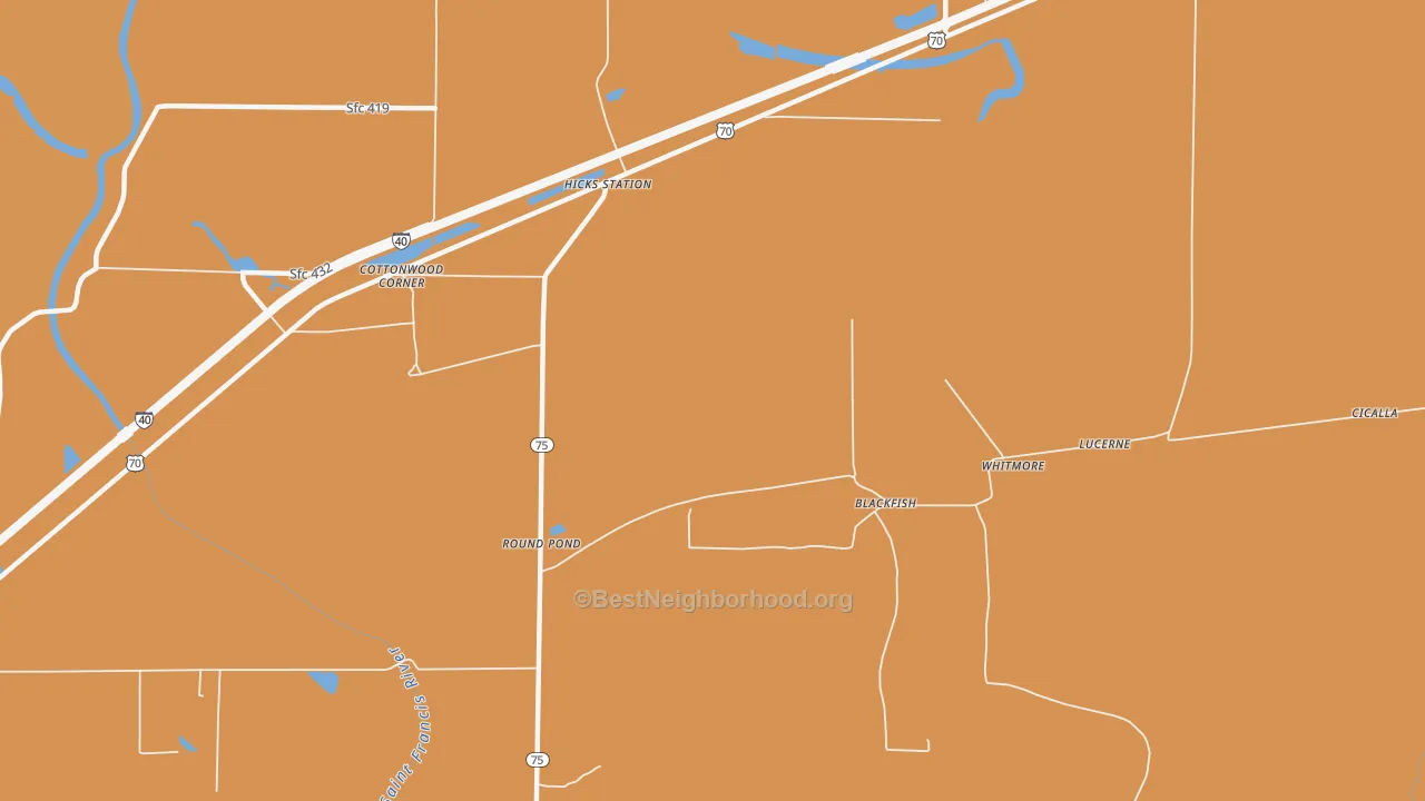 Map of the best neighborhoods in the Hicks Station area, with better matches in green and worse matches in red