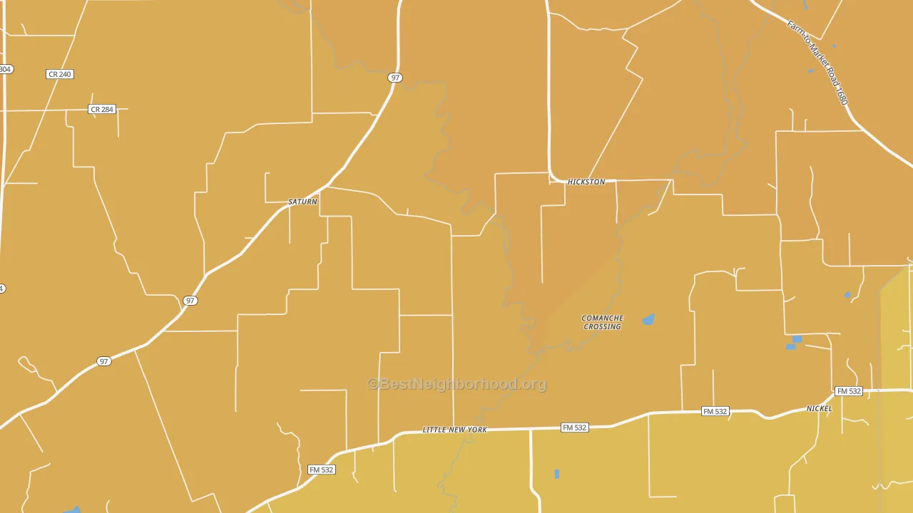 Map of the best neighborhoods in the Hickston area, with better matches in green and worse matches in red