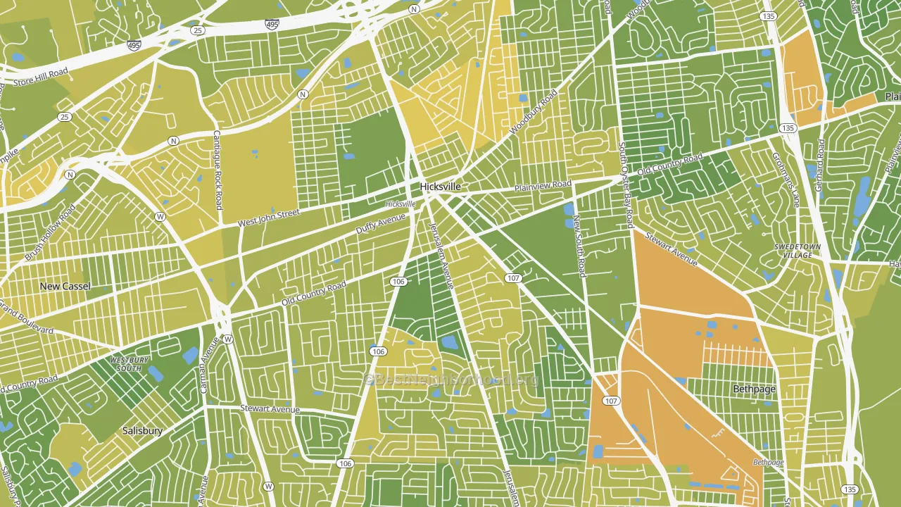 Map of the best neighborhoods in the Hicksville area, with better matches in green and worse matches in red