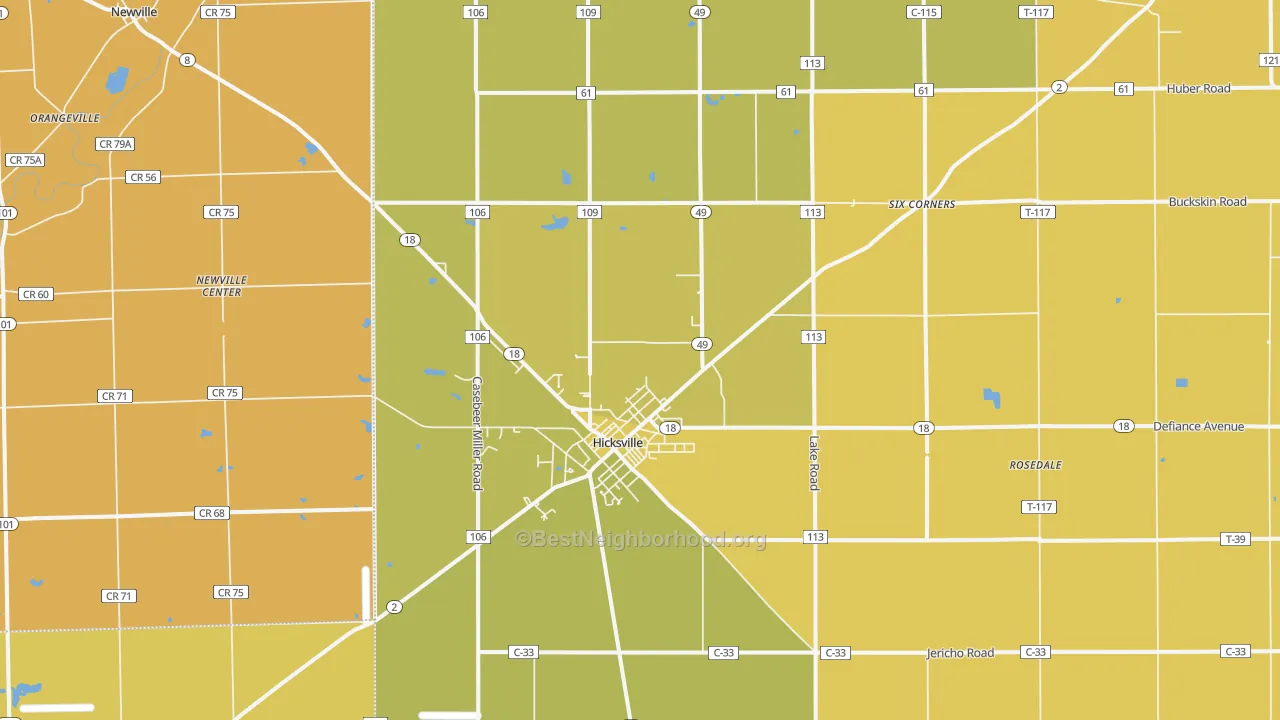 Map of the best neighborhoods in the Hicksville area, with better matches in green and worse matches in red