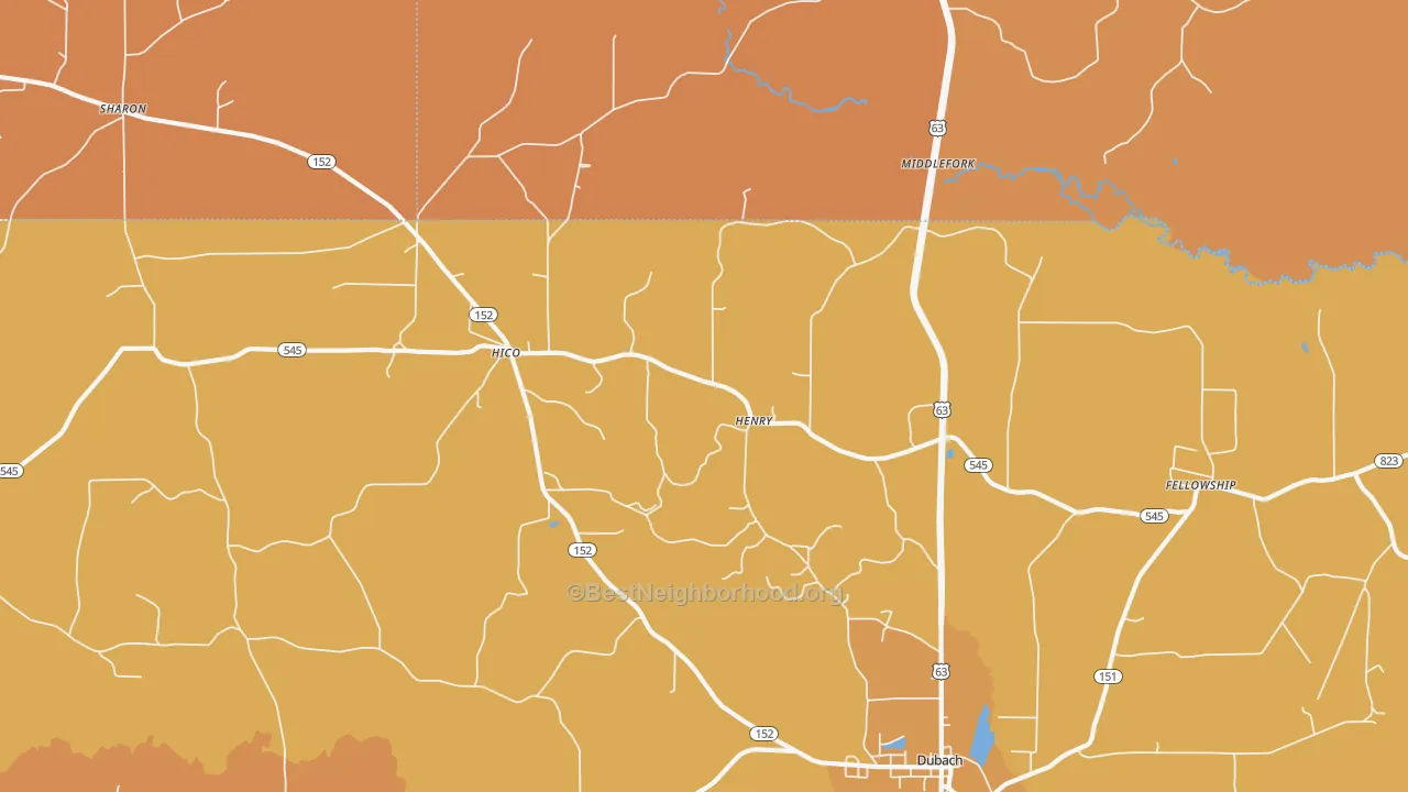 Map of the best neighborhoods in the Hico area, with better matches in green and worse matches in red