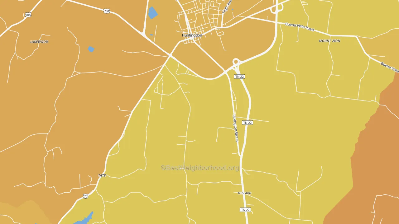 Map of the best neighborhoods in the Hico area, with better matches in green and worse matches in red