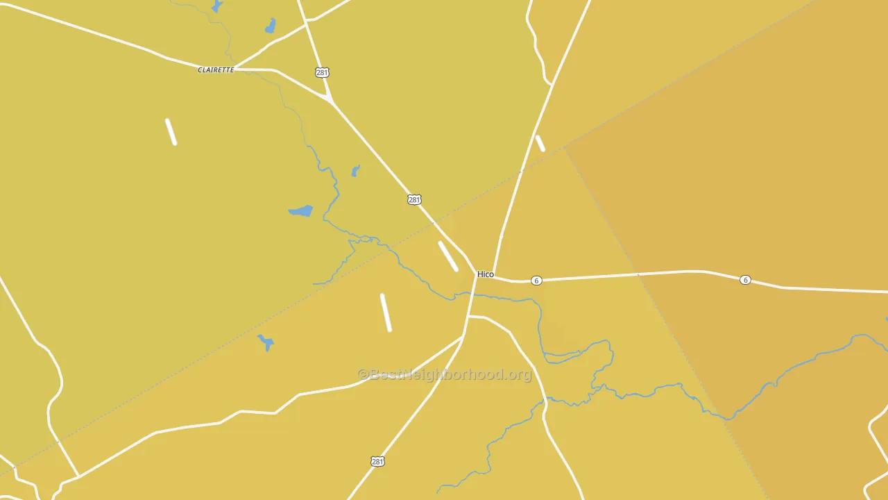 Map of the best neighborhoods in the Hico area, with better matches in green and worse matches in red