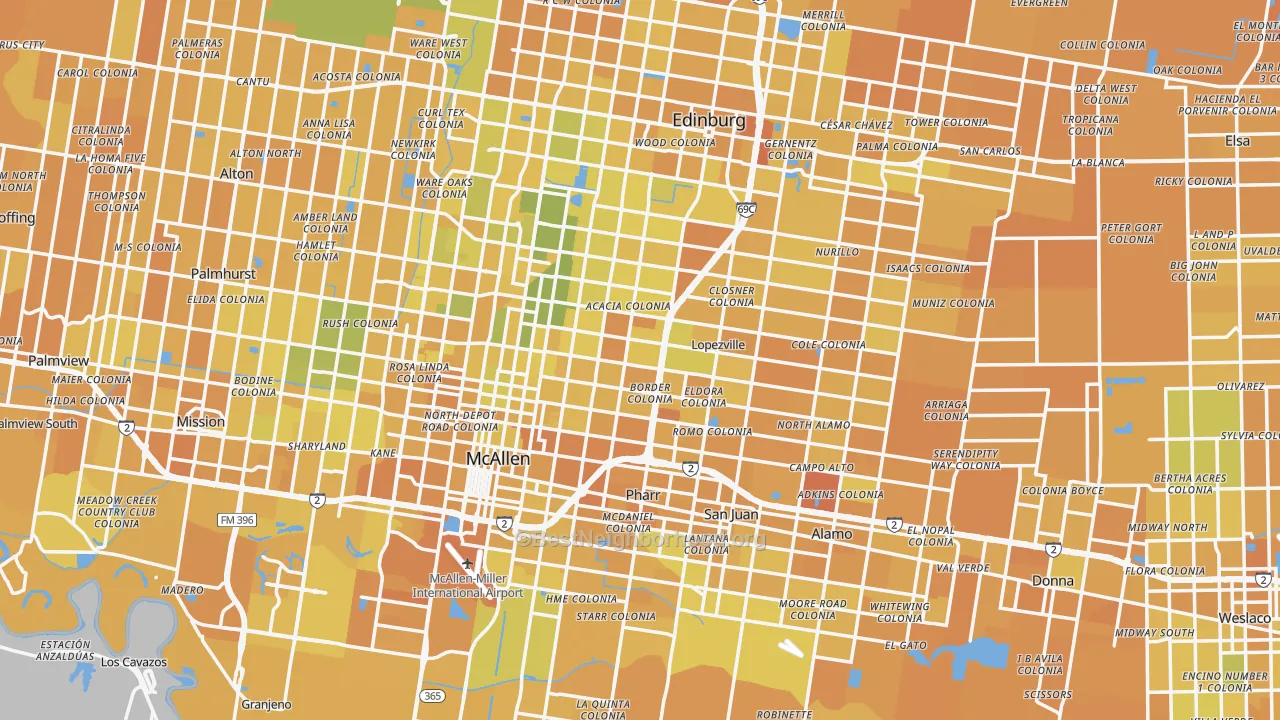 Map of the best neighborhoods in the Hidalgo County area, with better matches in green and worse matches in red