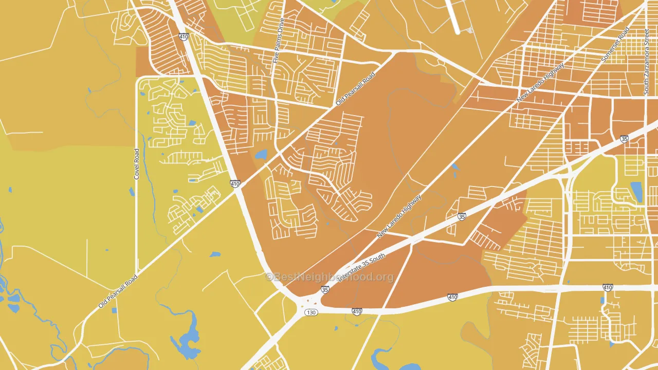 Map of the best neighborhoods in the Hidden Cove-Indian Creek, San Antonio area, with better matches in green and worse matches in red