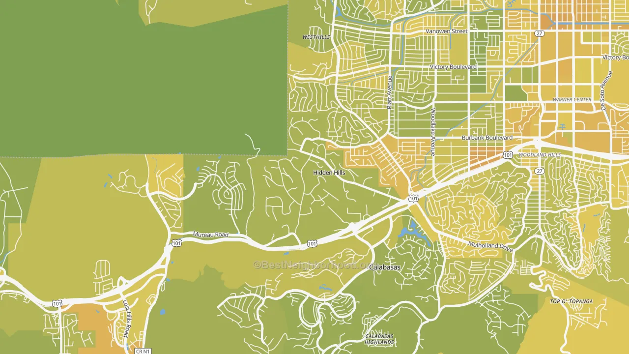 Map of the best neighborhoods in the Hidden Hills area, with better matches in green and worse matches in red