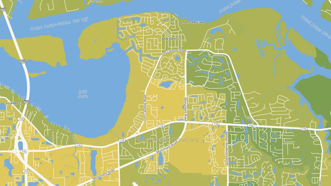 Map of the best neighborhoods in the Hidden Hills, Jacksonville area, with better matches in green and worse matches in red