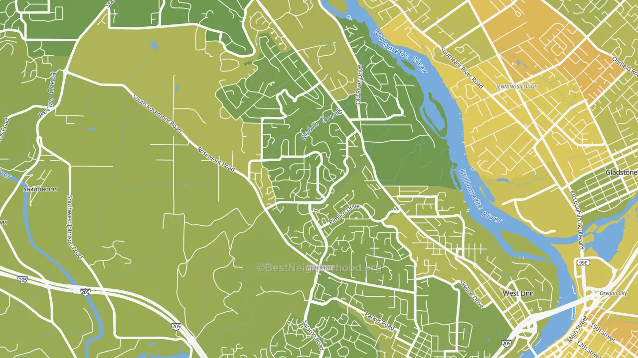 Map of the best neighborhoods in the Hidden Springs, West Linn area, with better matches in green and worse matches in red