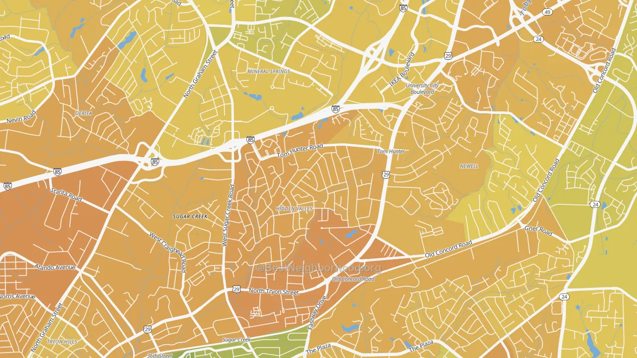 Map of the best neighborhoods in the Hidden Valley, Charlotte area, with better matches in green and worse matches in red