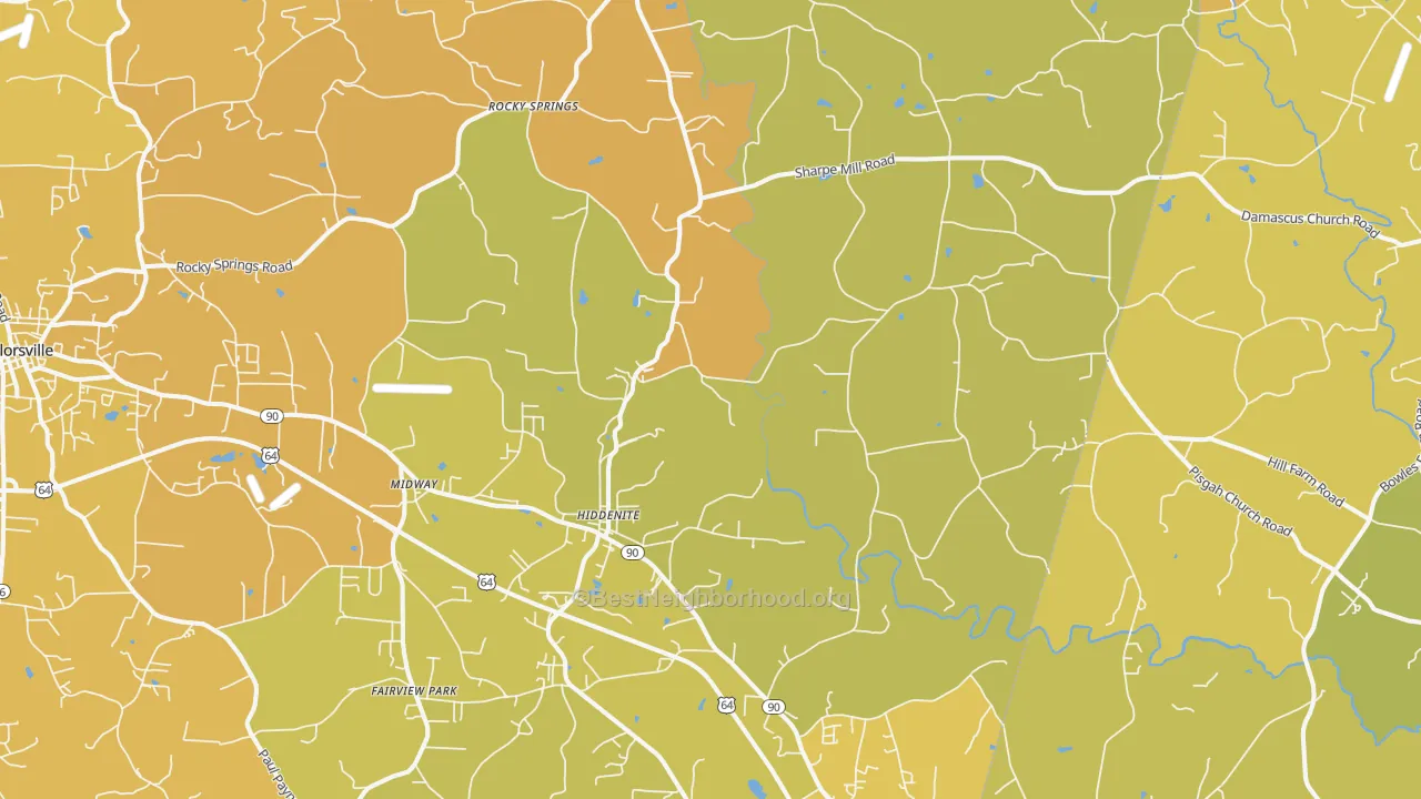Map of the best neighborhoods in the Hiddenite area, with better matches in green and worse matches in red