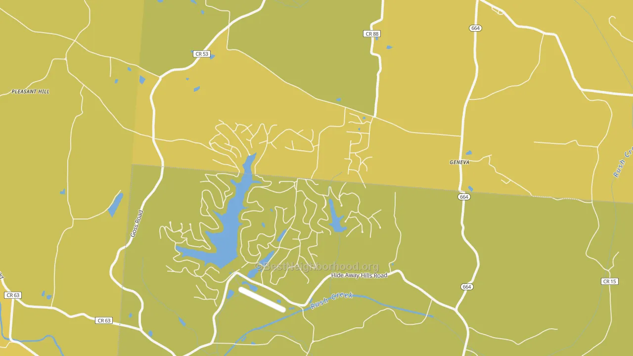 Map of the best neighborhoods in the Hide-A-Way Hills area, with better matches in green and worse matches in red