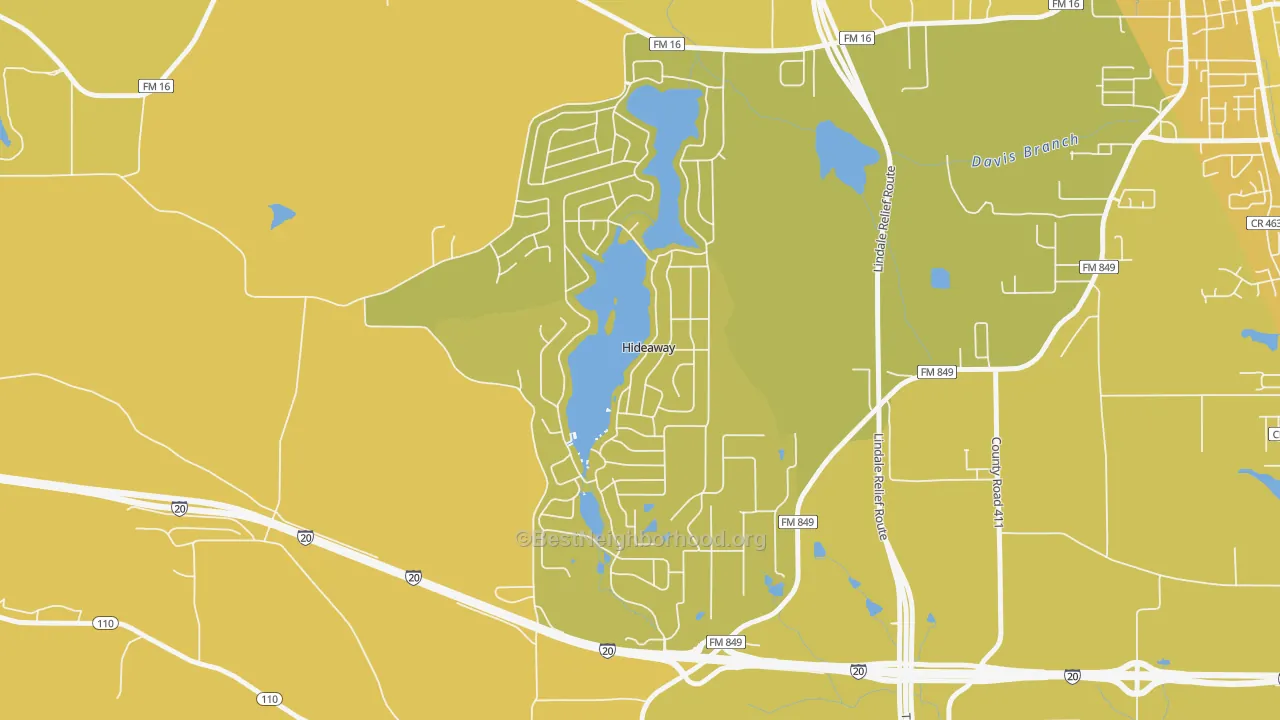Map of the best neighborhoods in the Hideaway area, with better matches in green and worse matches in red