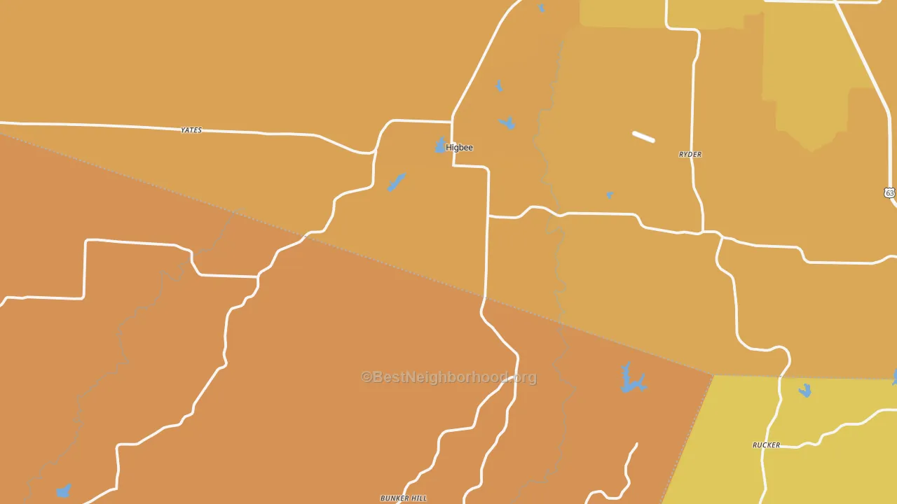 Map of the best neighborhoods in the Higbee area, with better matches in green and worse matches in red