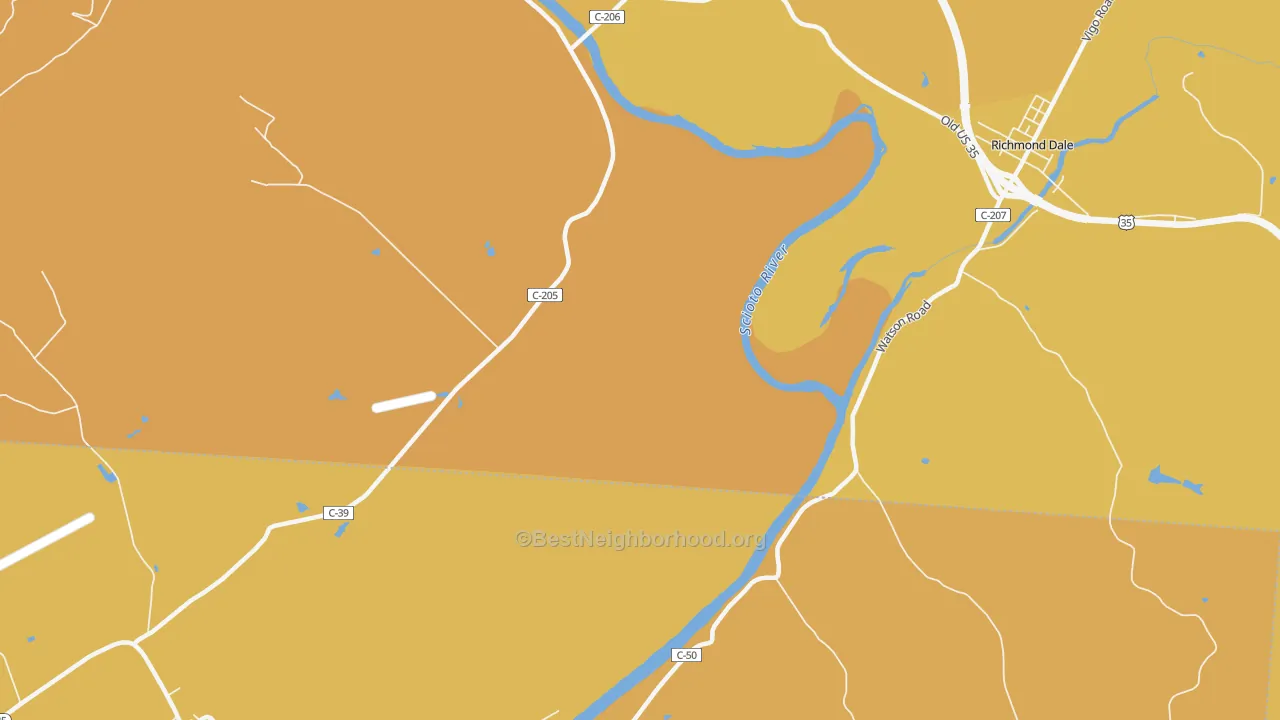 Map of the best neighborhoods in the Higby area, with better matches in green and worse matches in red