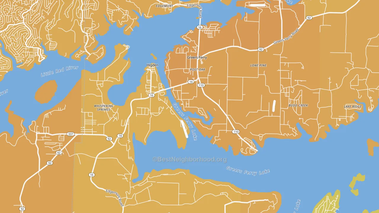 Map of the best neighborhoods in the Higden area, with better matches in green and worse matches in red