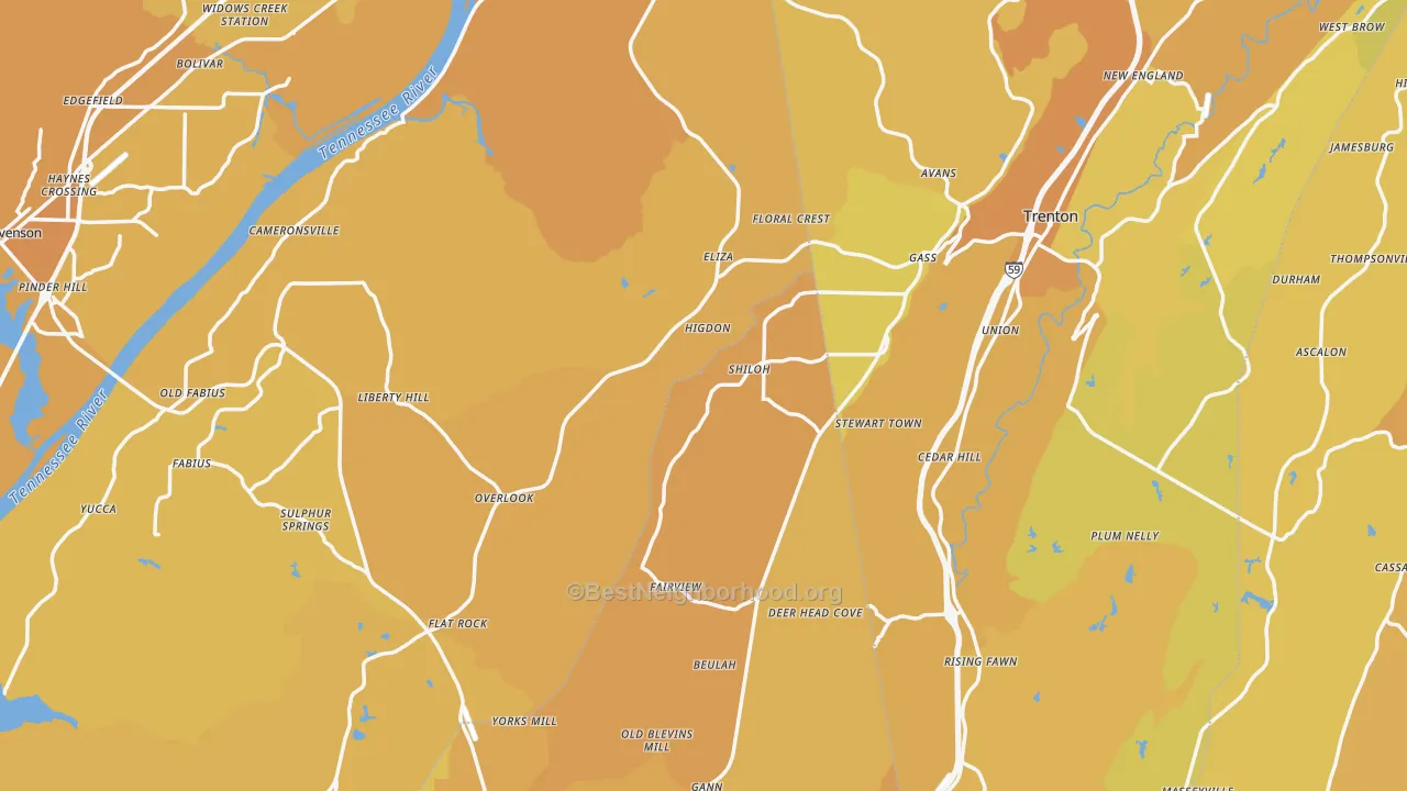 Map of the best neighborhoods in the Higdon area, with better matches in green and worse matches in red