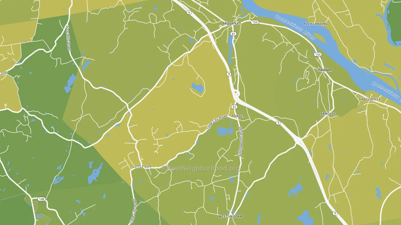 Map of the best neighborhoods in the Higganum area, with better matches in green and worse matches in red