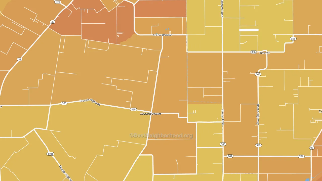Map of the best neighborhoods in the Higginbotham area, with better matches in green and worse matches in red