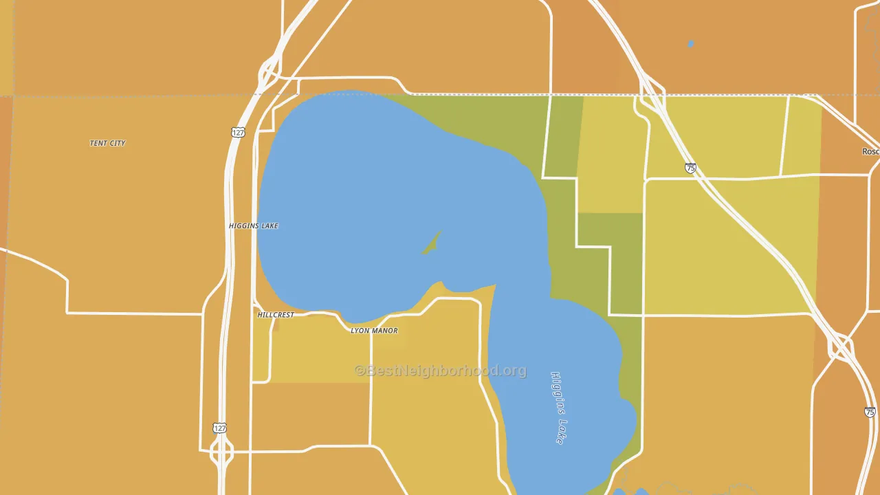 Map of the best neighborhoods in the Higgins Lake area, with better matches in green and worse matches in red