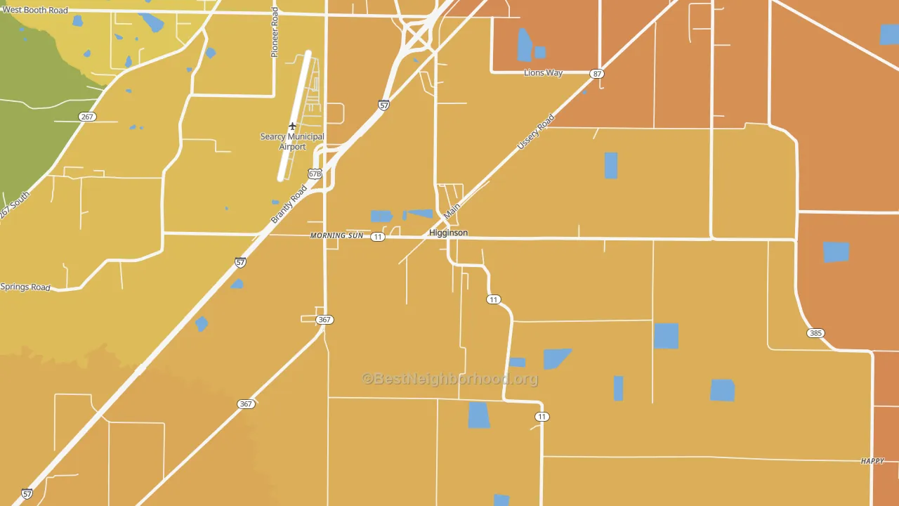 Map of the best neighborhoods in the Higginson area, with better matches in green and worse matches in red