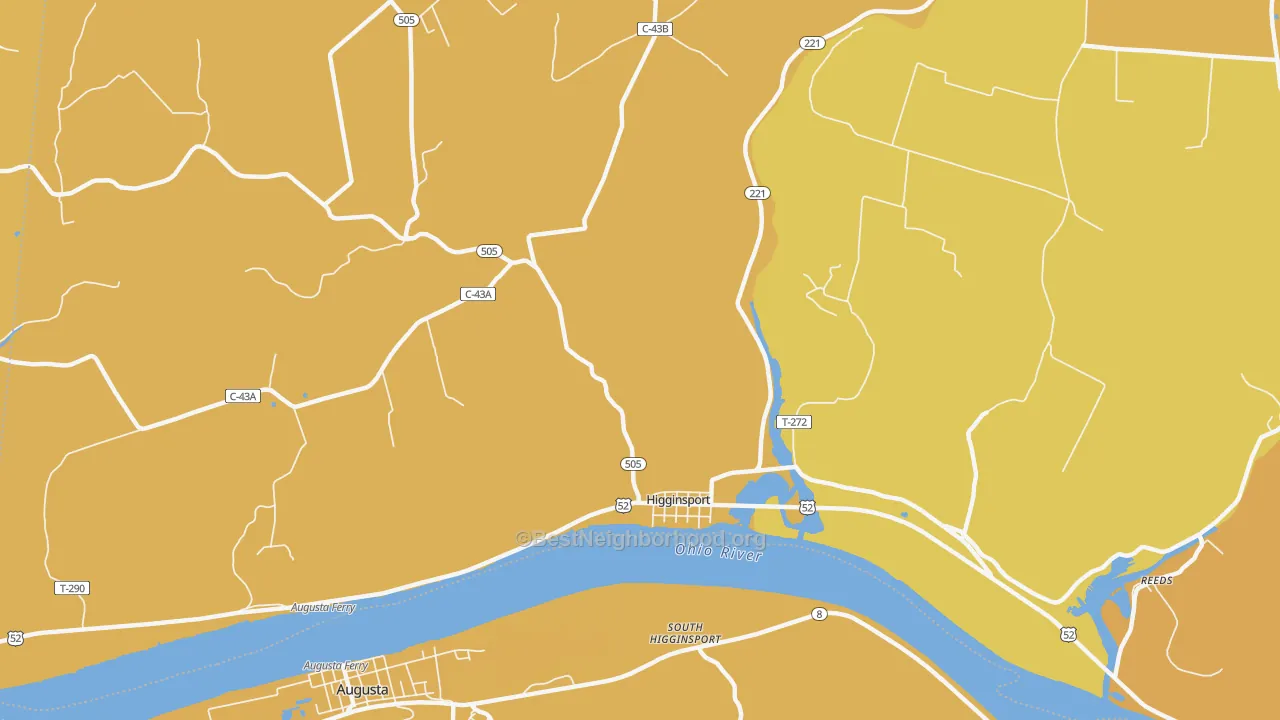 Map of the best neighborhoods in the Higginsport area, with better matches in green and worse matches in red