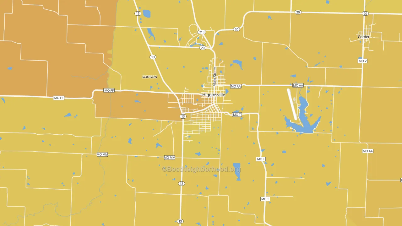 Map of the best neighborhoods in the Higginsville area, with better matches in green and worse matches in red