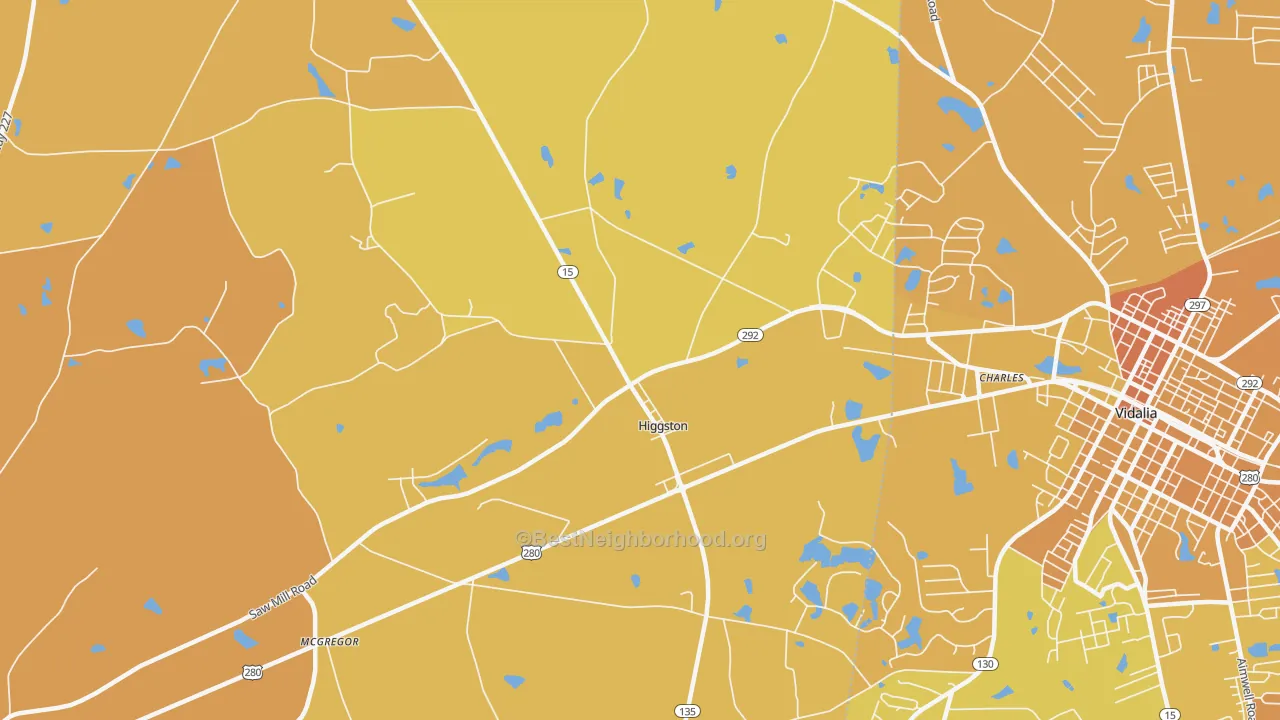 Map of the best neighborhoods in the Higgston area, with better matches in green and worse matches in red