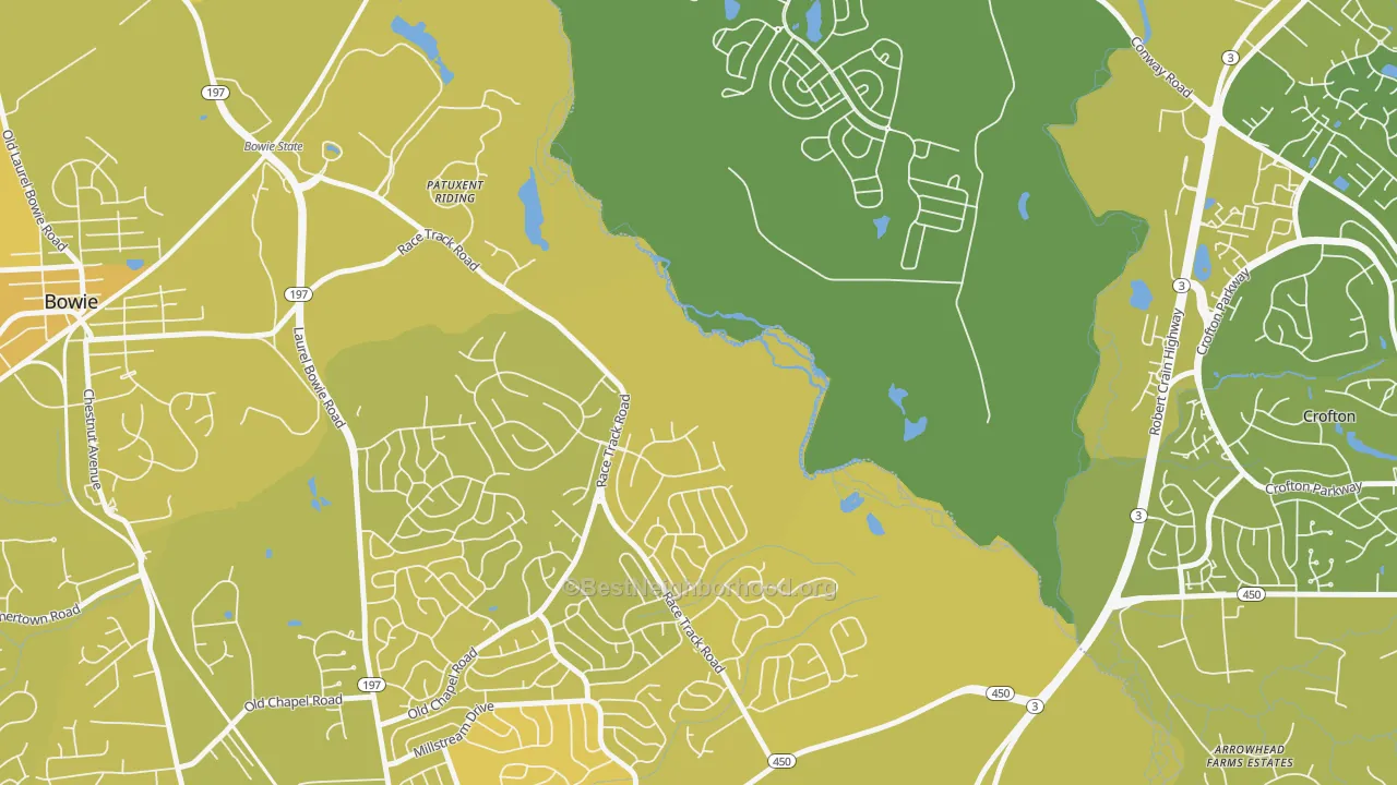 Map of the best neighborhoods in the High Bridge Estates area, with better matches in green and worse matches in red