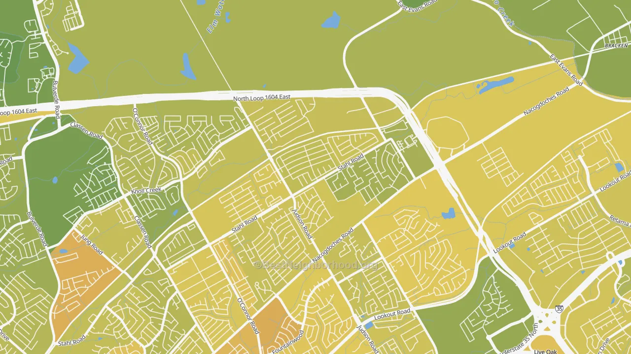 Map of the best neighborhoods in the High Country, San Antonio area, with better matches in green and worse matches in red