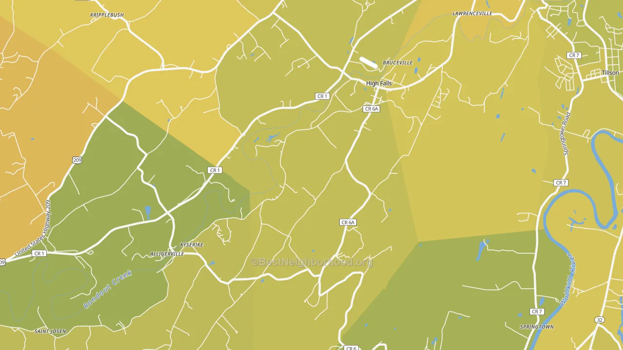 Map of the best neighborhoods in the High Falls area, with better matches in green and worse matches in red