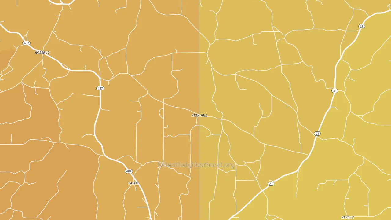 Map of the best neighborhoods in the High Hill area, with better matches in green and worse matches in red