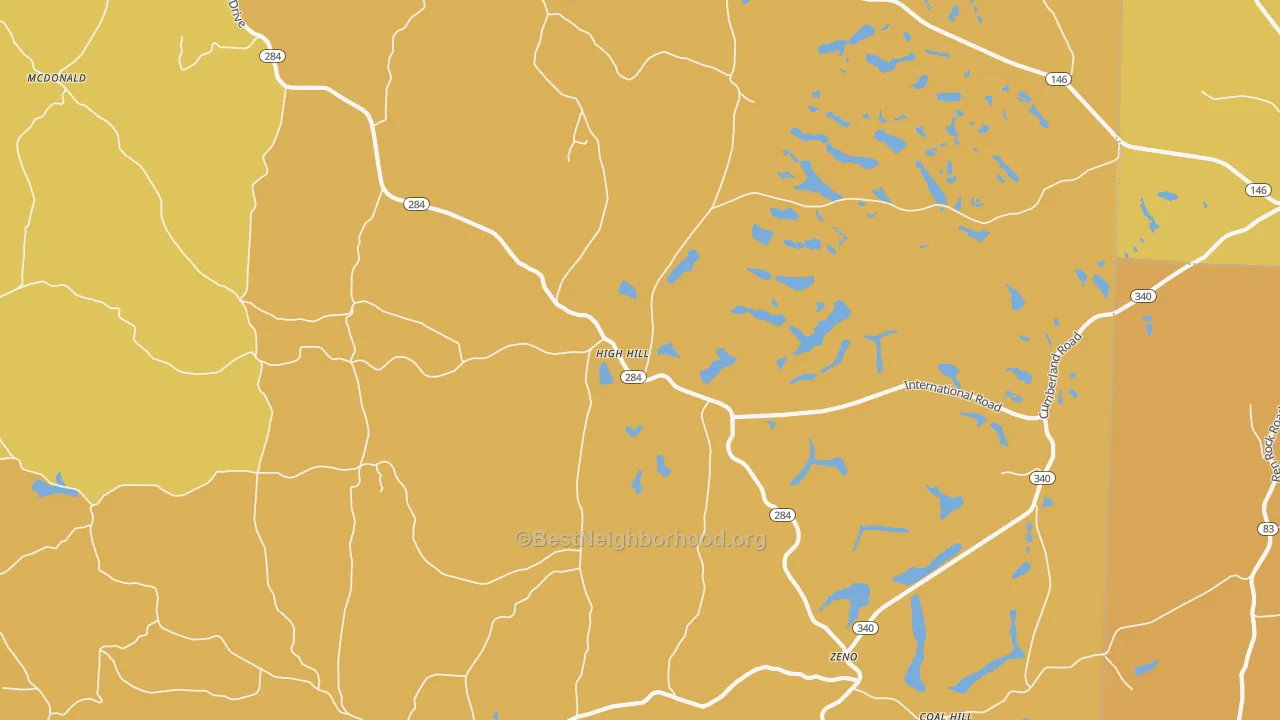 Map of the best neighborhoods in the High Hill area, with better matches in green and worse matches in red