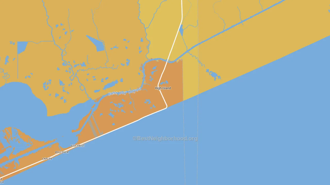 Map of the best neighborhoods in the High Island area, with better matches in green and worse matches in red