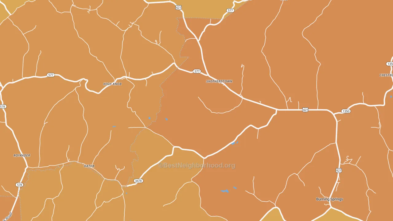 Map of the best neighborhoods in the High Knob area, with better matches in green and worse matches in red