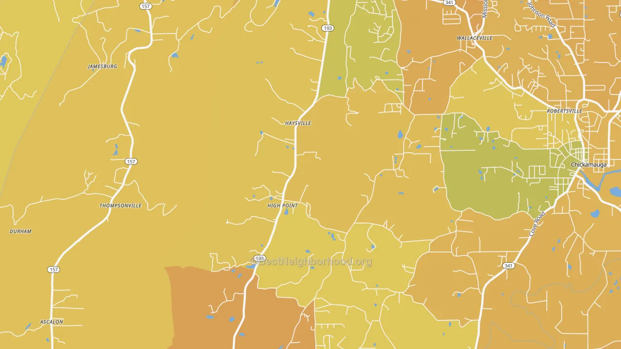 Map of the best neighborhoods in the High Point area, with better matches in green and worse matches in red