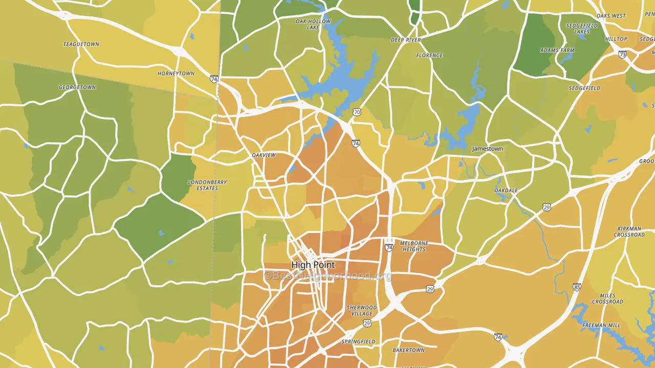 Map of the best neighborhoods in the High Point area, with better matches in green and worse matches in red