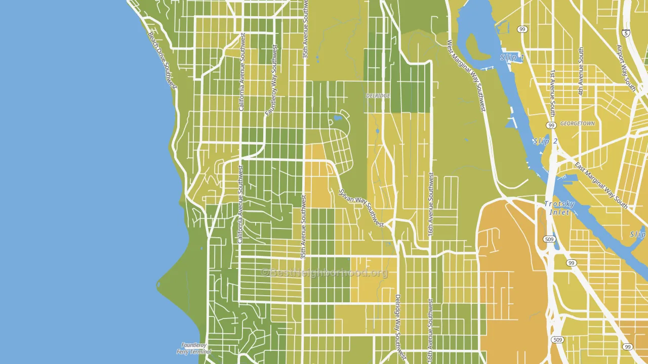 Map of the best neighborhoods in the High Point, Seattle area, with better matches in green and worse matches in red