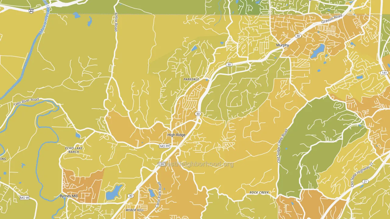 Map of the best neighborhoods in the High Ridge area, with better matches in green and worse matches in red