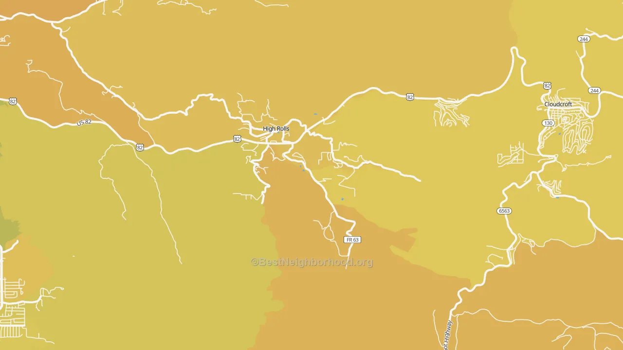 Map of the best neighborhoods in the High Rolls Mountain Park area, with better matches in green and worse matches in red