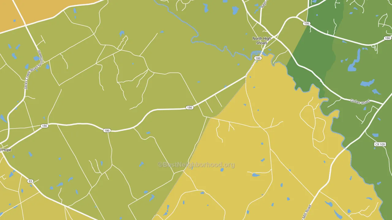 Map of the best neighborhoods in the High Shoals area, with better matches in green and worse matches in red