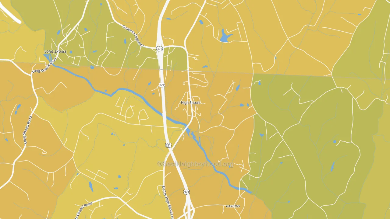 Map of the best neighborhoods in the High Shoals area, with better matches in green and worse matches in red