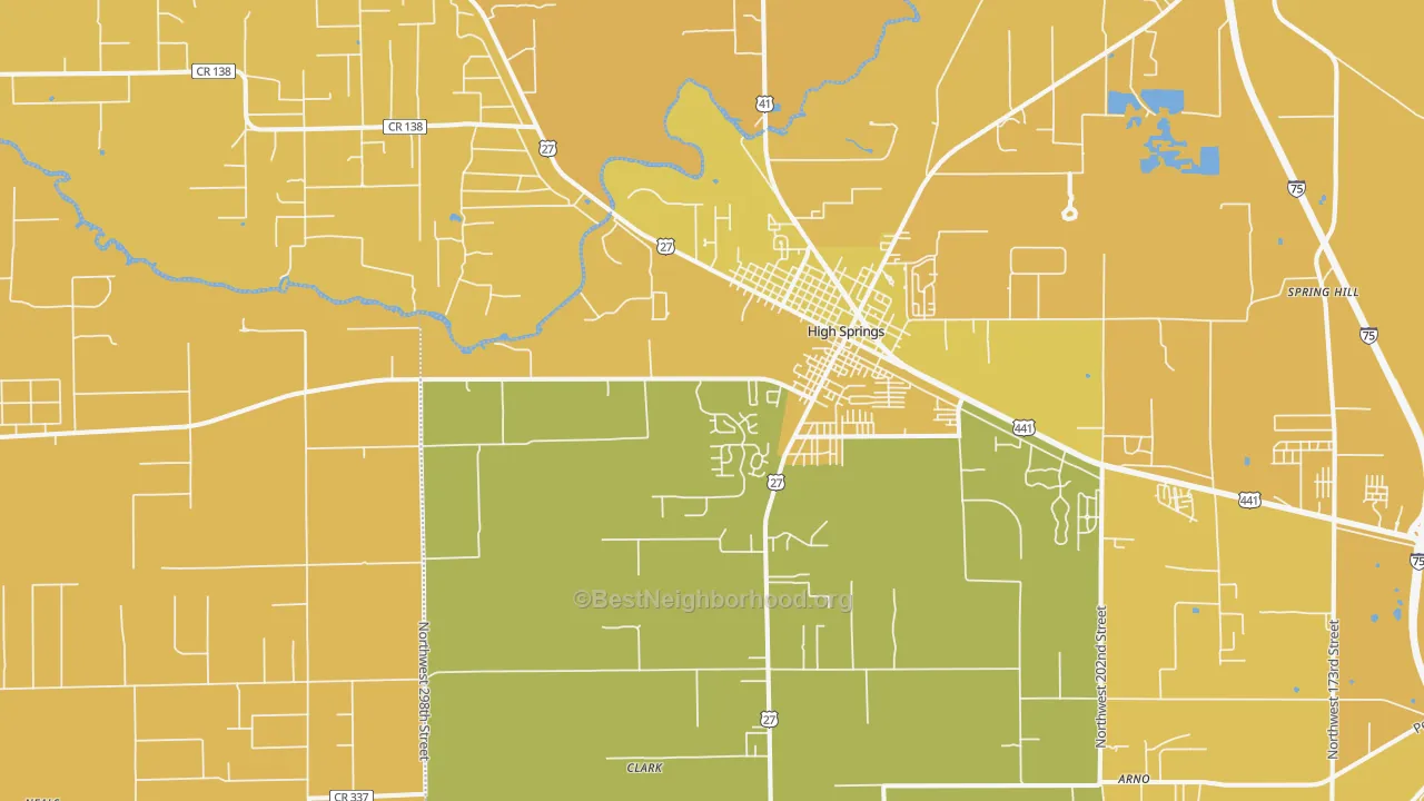Map of the best neighborhoods in the High Springs area, with better matches in green and worse matches in red