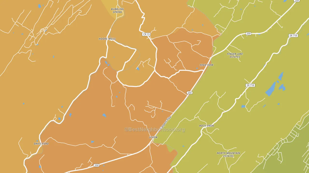 Map of the best neighborhoods in the High View area, with better matches in green and worse matches in red