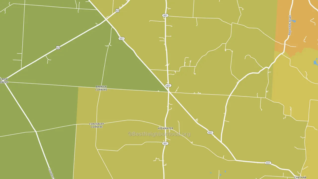 Map of the best neighborhoods in the High Water area, with better matches in green and worse matches in red
