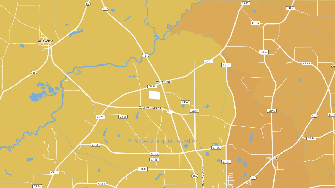 Map of the best neighborhoods in the Highbluff area, with better matches in green and worse matches in red