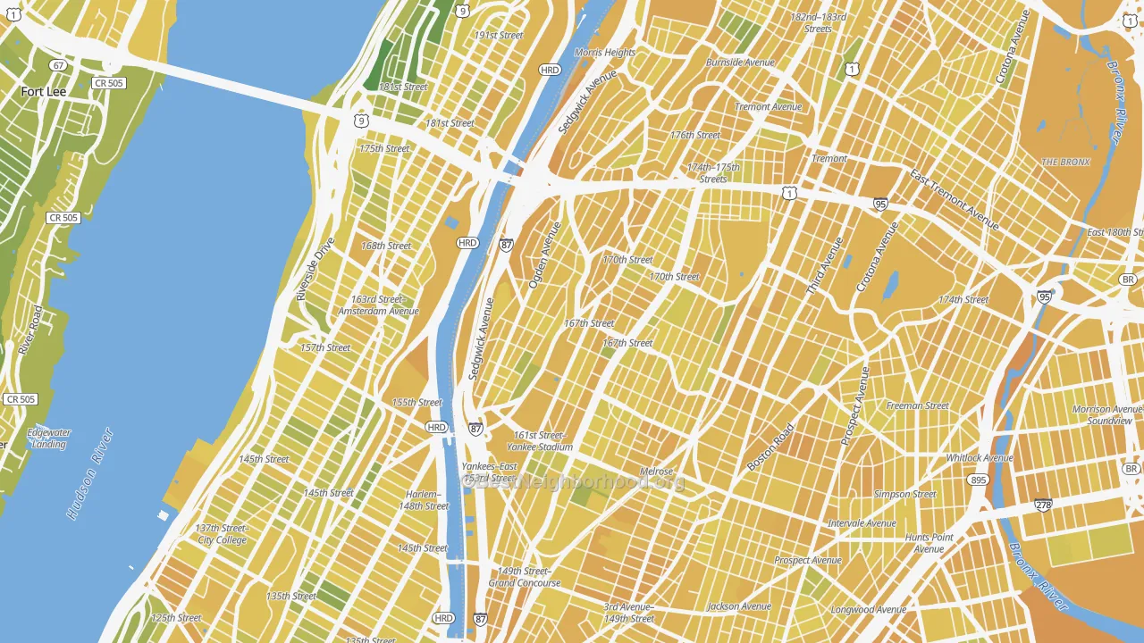 Map of the best neighborhoods in the Highbridge, Bronx area, with better matches in green and worse matches in red