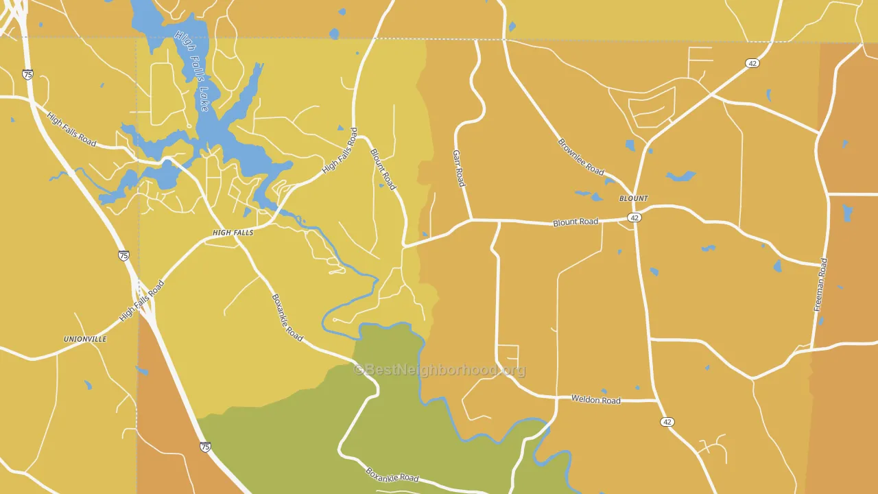 Map of the best neighborhoods in the Highfalls area, with better matches in green and worse matches in red